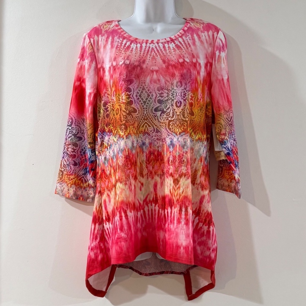 Pink Tie Dye Paisley Rhinestone Tunic Top Womens Medium NEW Boho Hippie Dopamine